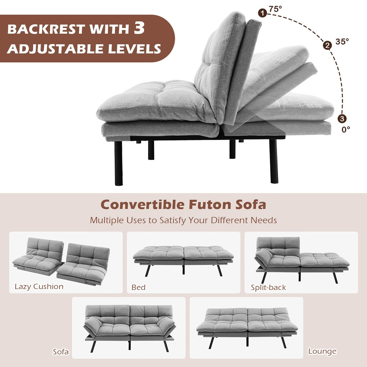 Costway Convertible Futon Sofa Bed Memory Foam Couch Sleeper with - See Details