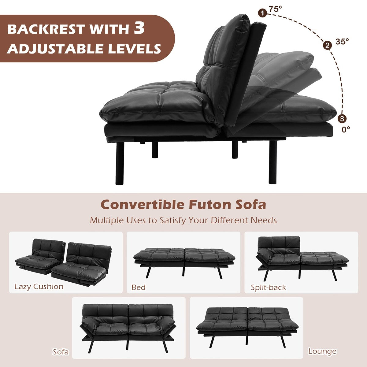 Costway Convertible Futon Sofa Bed Memory Foam Couch Sleeper with - See Details