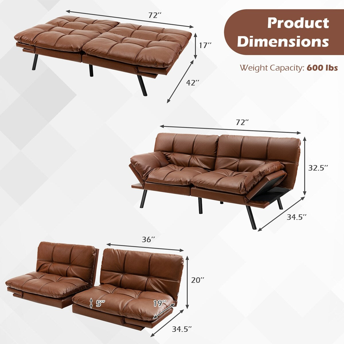 Costway Convertible Futon Sofa Bed Memory Foam Couch Sleeper with - See Details
