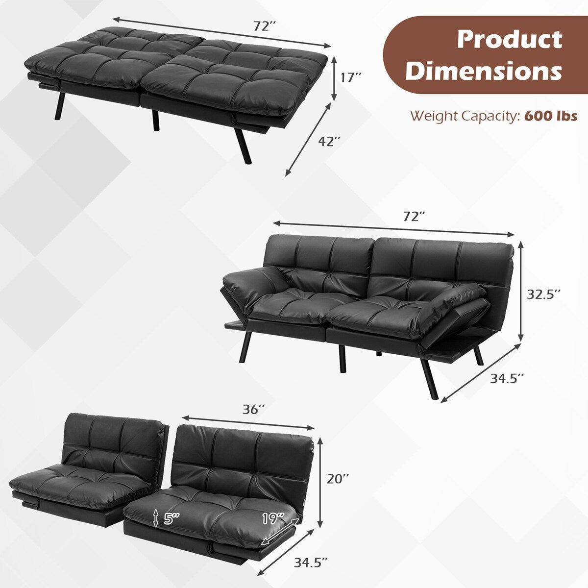 Costway Convertible Futon Sofa Bed Memory Foam Couch Sleeper with - See Details