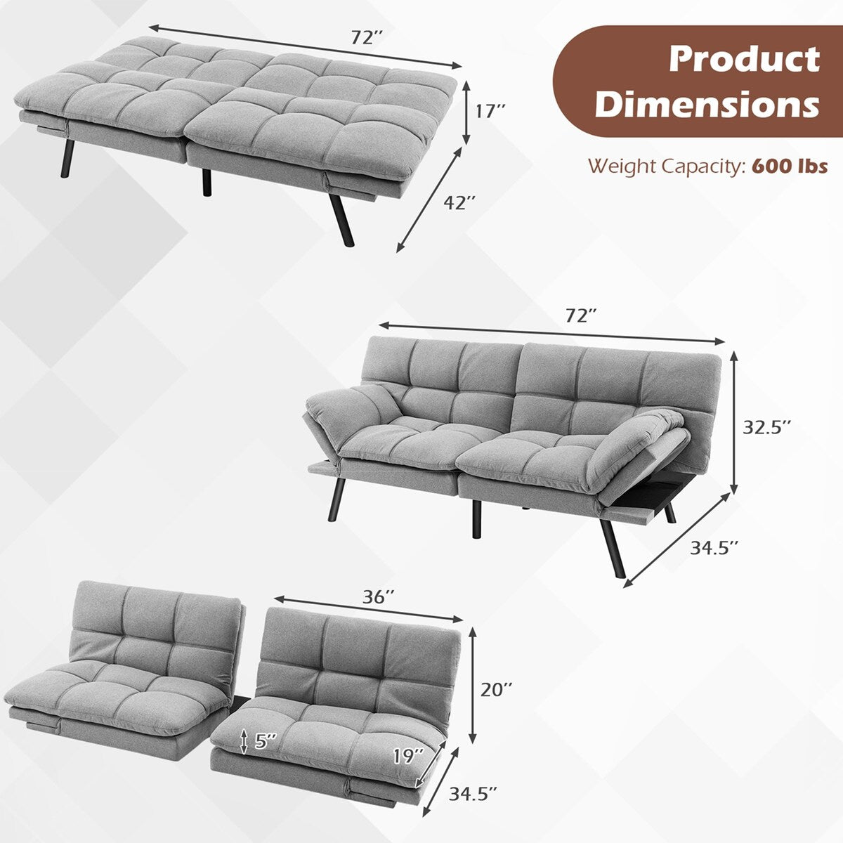 Costway Convertible Futon Sofa Bed Memory Foam Couch Sleeper with - See Details