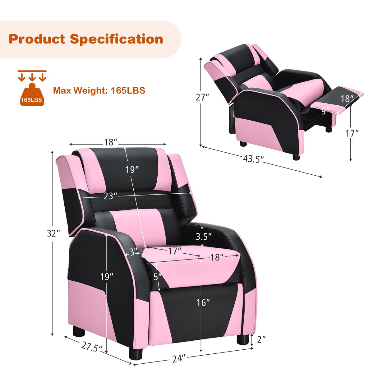 Costway Kids Youth Gaming Sofa Recliner w/Headrest & Footrest PU