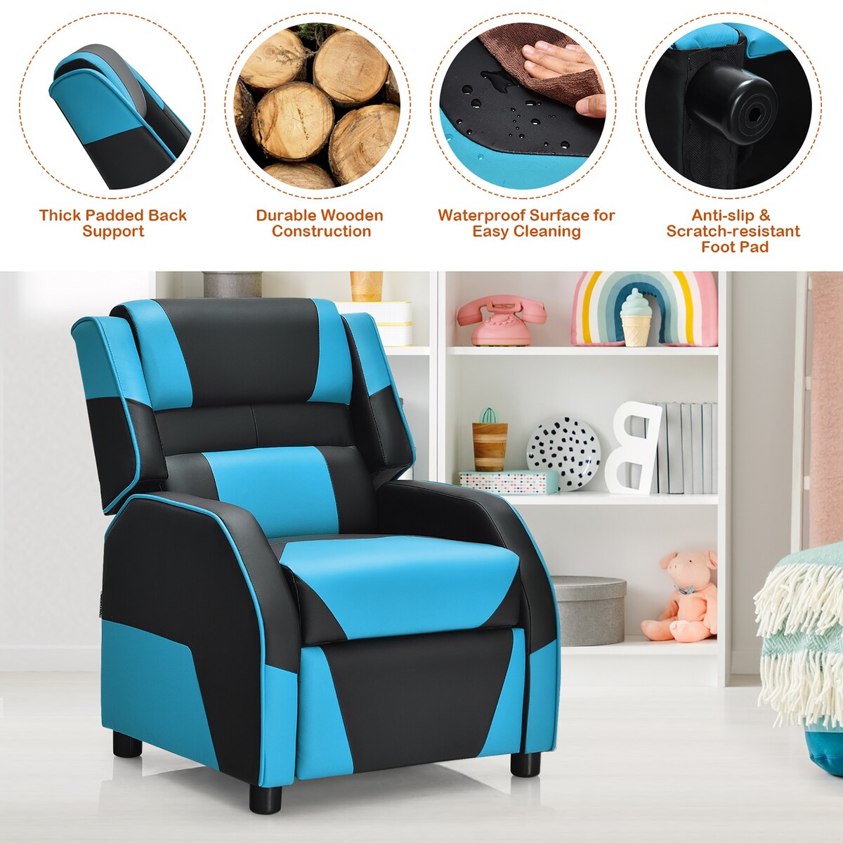 Costway Kids Youth Gaming Sofa Recliner w/Headrest & Footrest PU