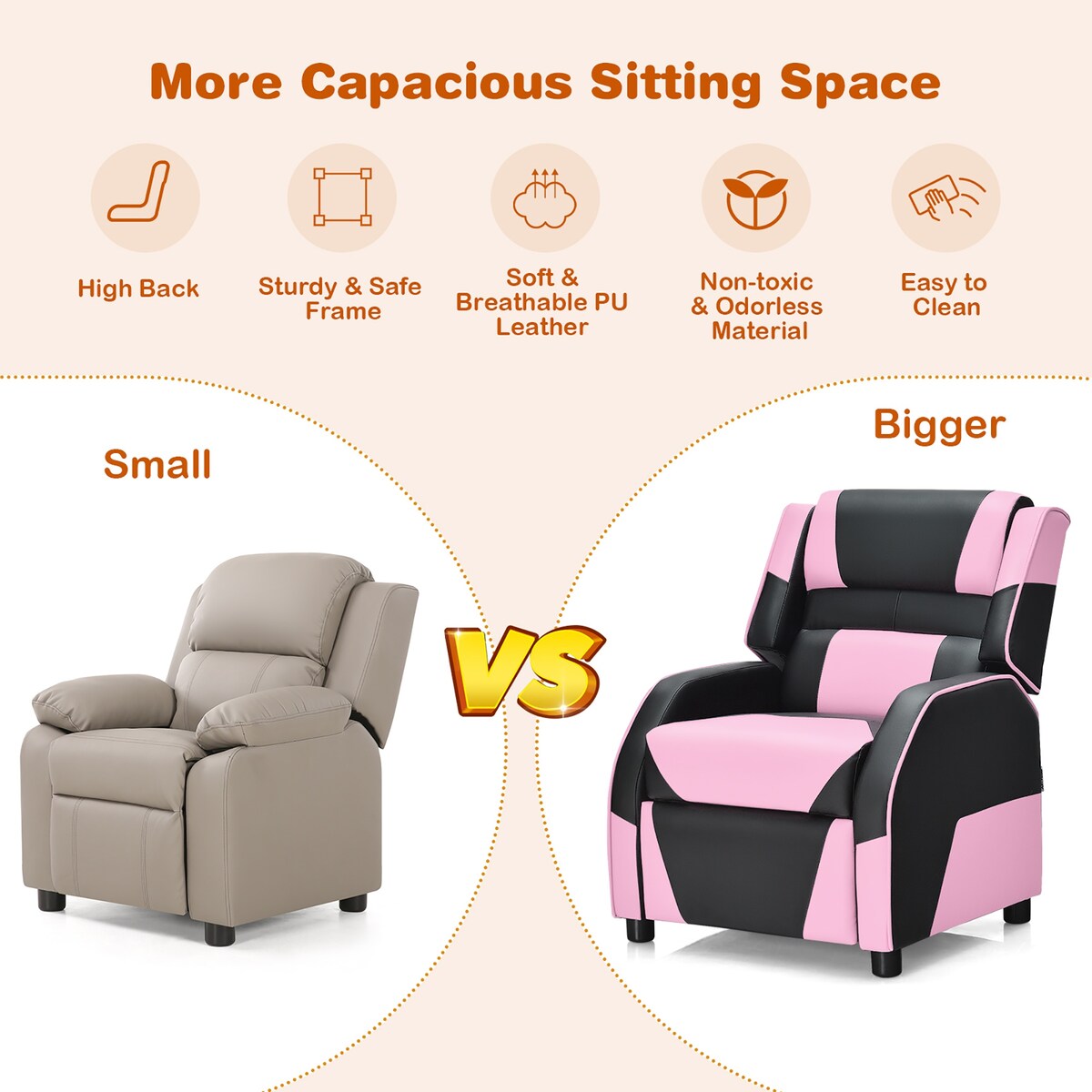 Costway Kids Youth Gaming Sofa Recliner w/Headrest & Footrest PU