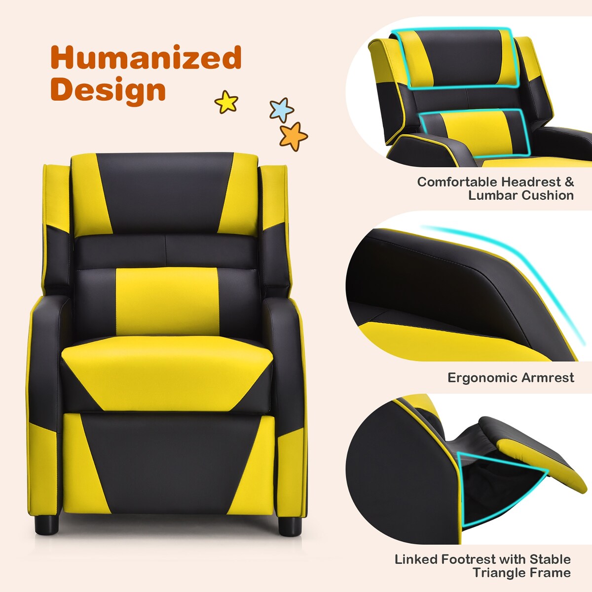 Costway Kids Youth Gaming Sofa Recliner w/Headrest & Footrest PU