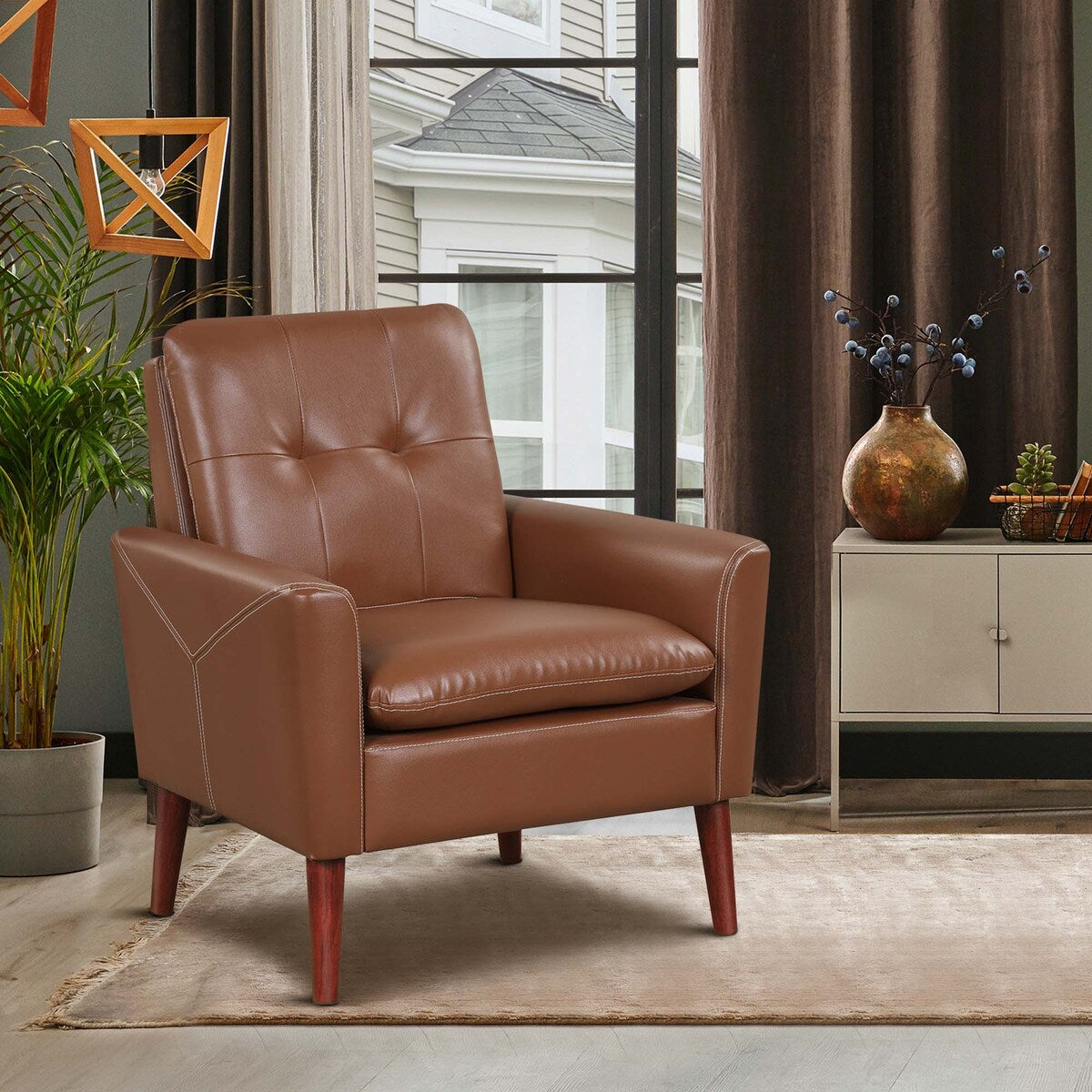 Costway Modern Accent Chair PU Leather Armchair Sofa Chair with Solid