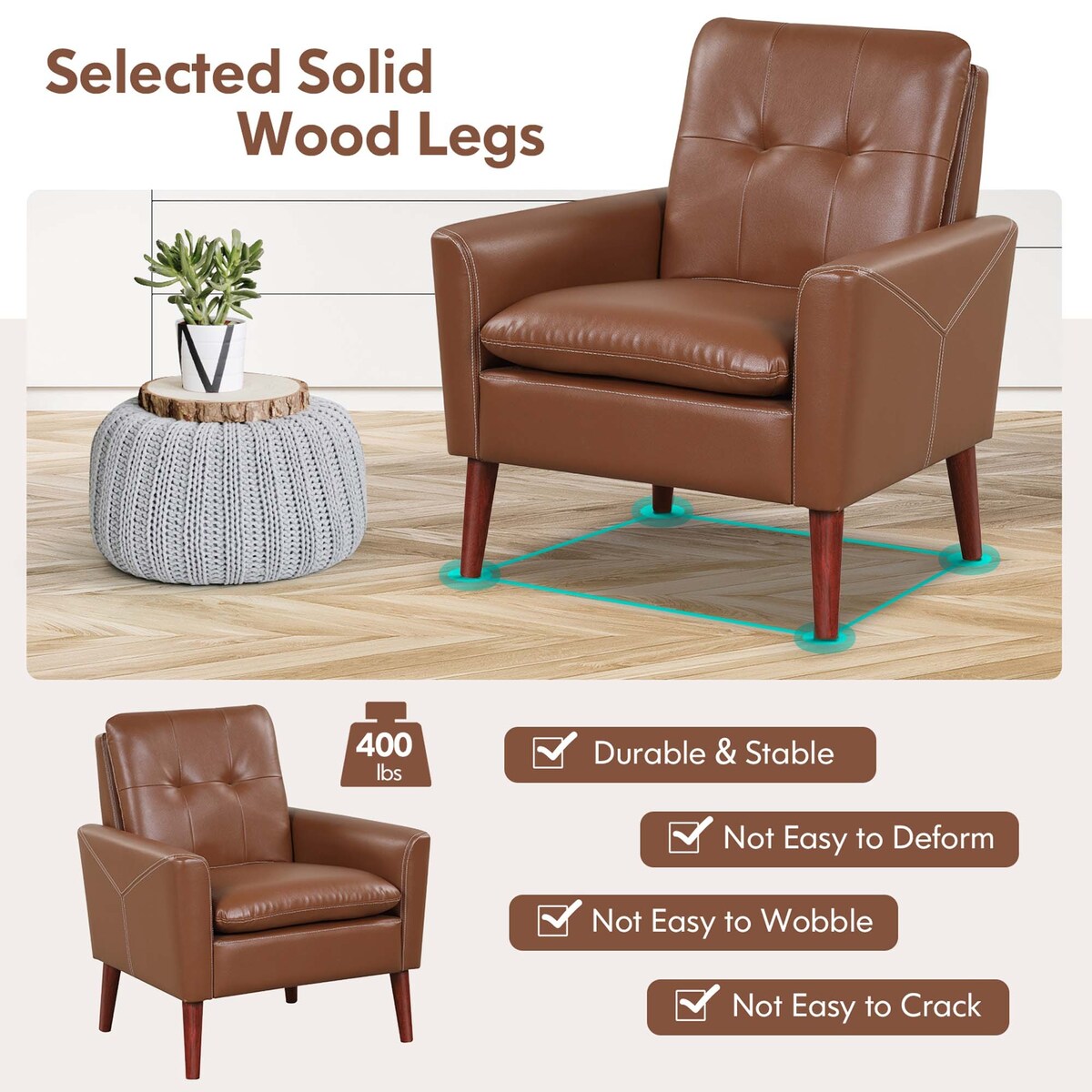 Costway Modern Accent Chair PU Leather Armchair Sofa Chair with Solid