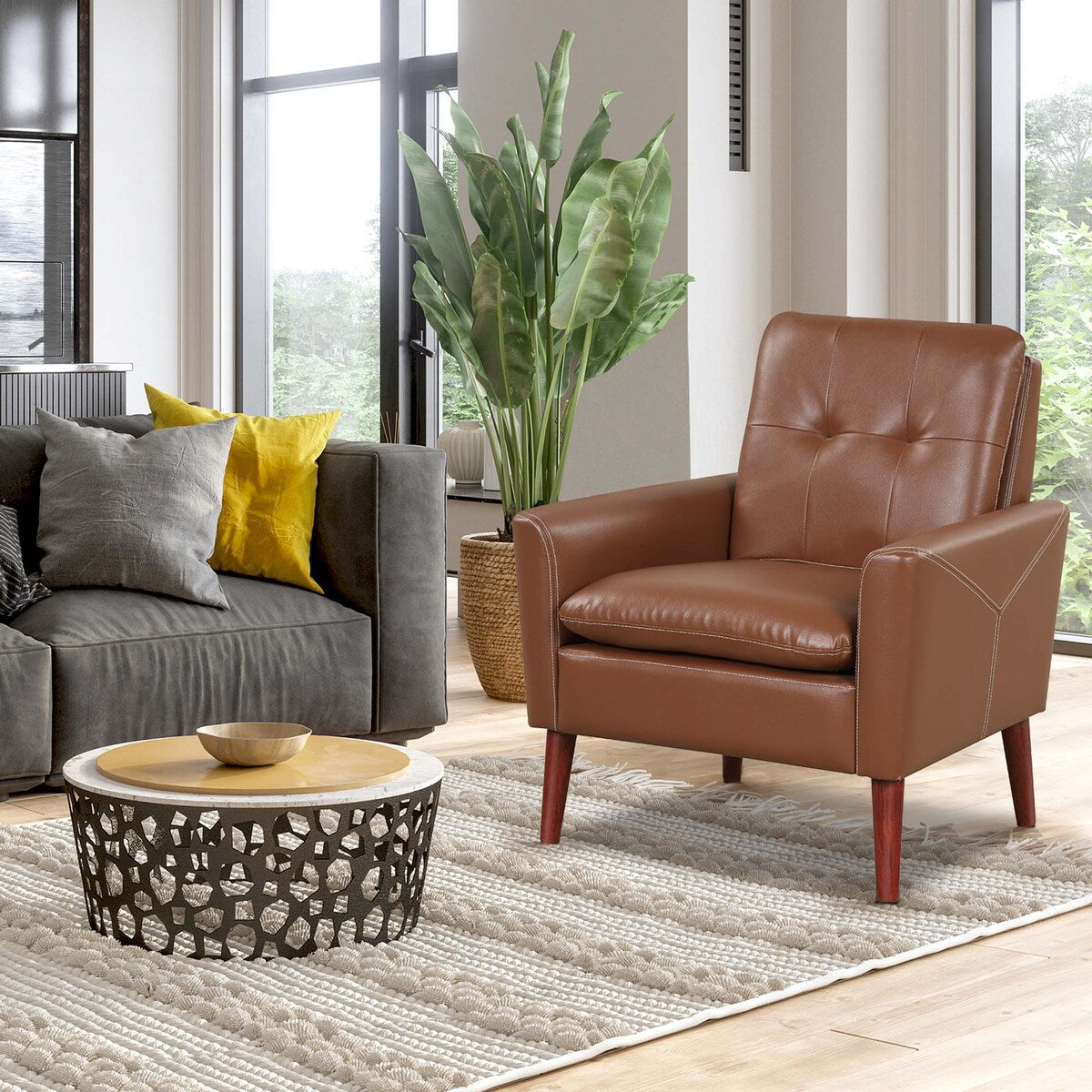Costway Modern Accent Chair PU Leather Armchair Sofa Chair with Solid