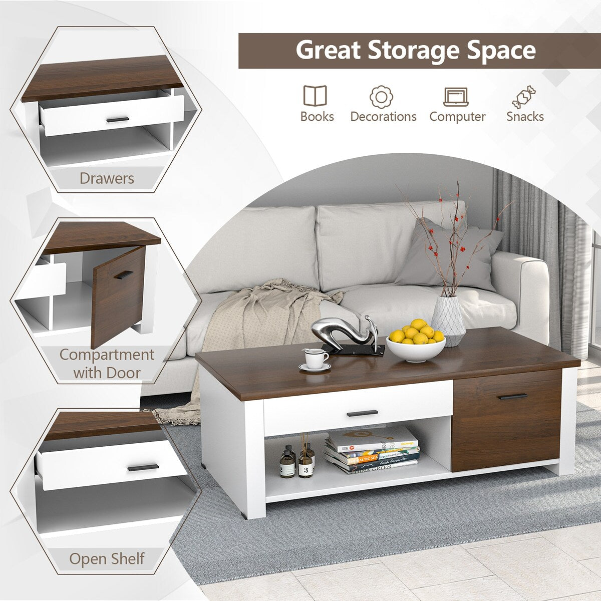 Costway Modern Coffee Table Living Room Coffee Table W/ Storage