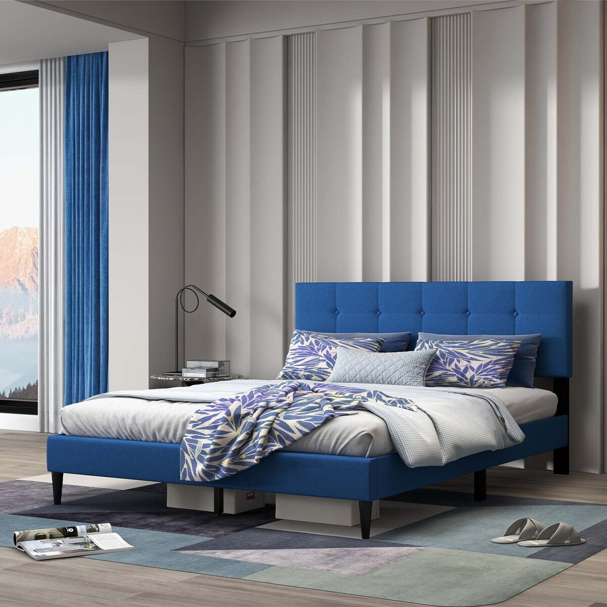 Costway Queen Upholstered Platform Bed Mattress Foundation Button