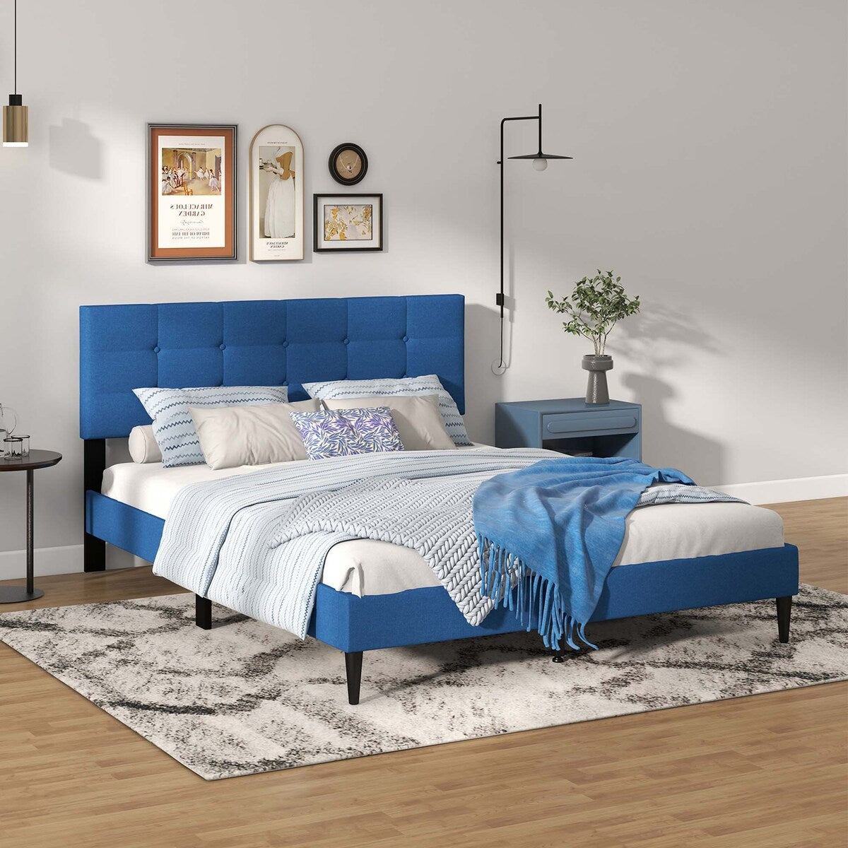 Costway Queen Upholstered Platform Bed Mattress Foundation Button