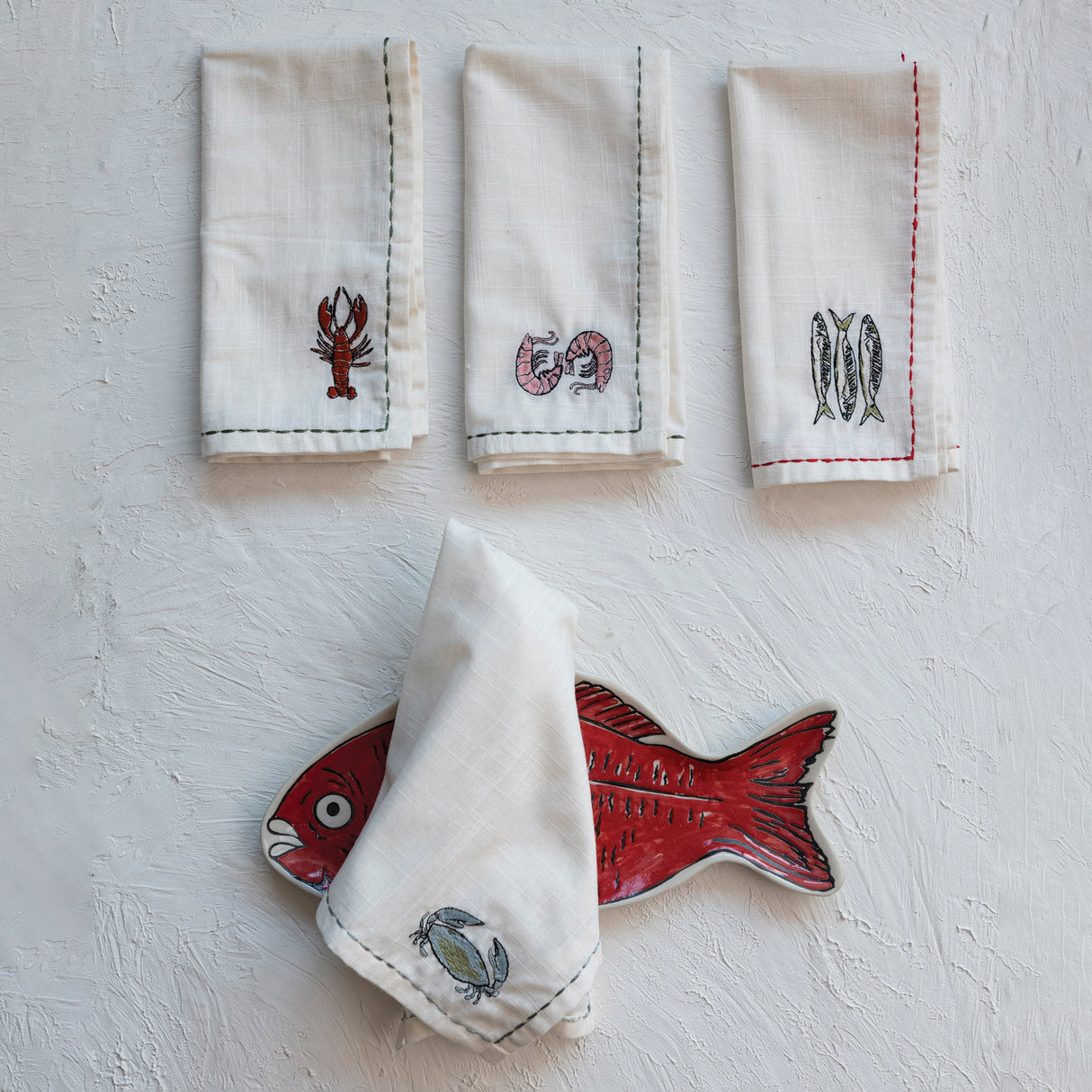 Cotton Napkins with Sea Life Embroidery - 18.0"L x 18.0"W x 0.3"H