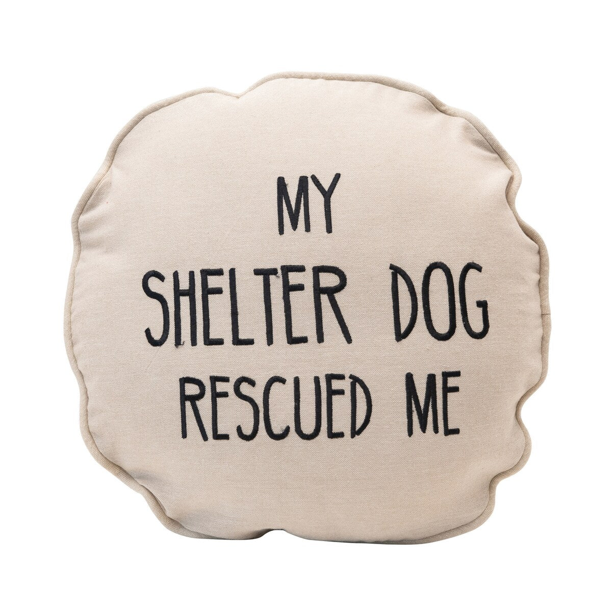 Cotton Pillow "My Shelter Dog Rescued Me" with Paw Print on Back, Natural & Black