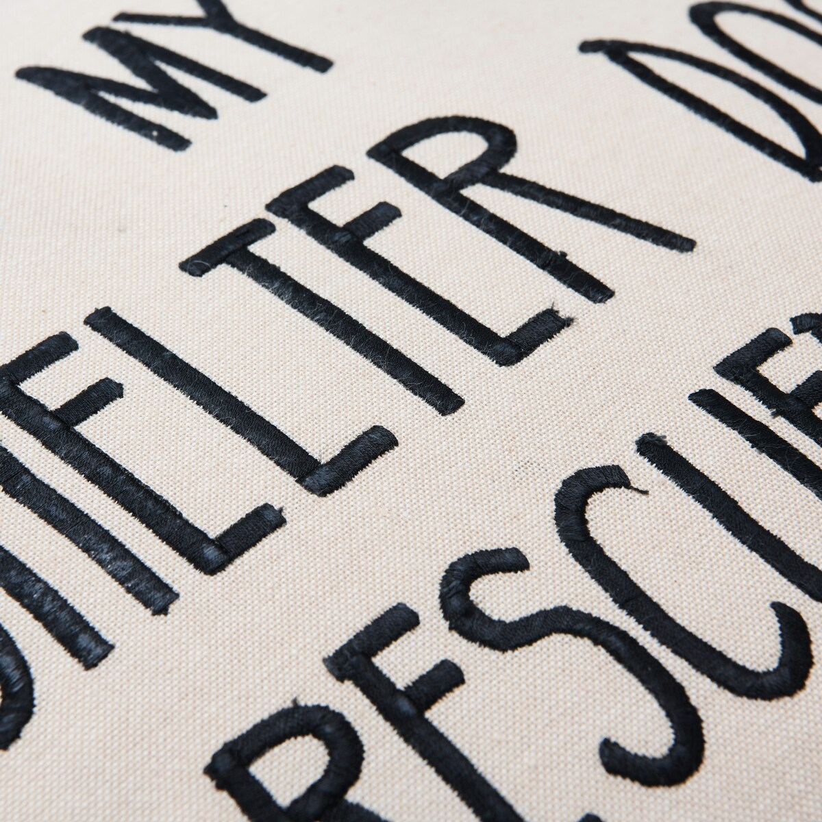 Cotton Pillow "My Shelter Dog Rescued Me" with Paw Print on Back, Natural & Black