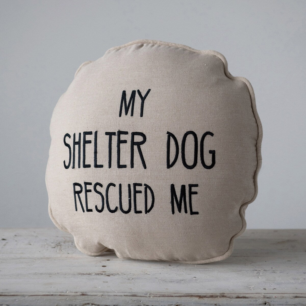 Cotton Pillow "My Shelter Dog Rescued Me" with Paw Print on Back, Natural & Black