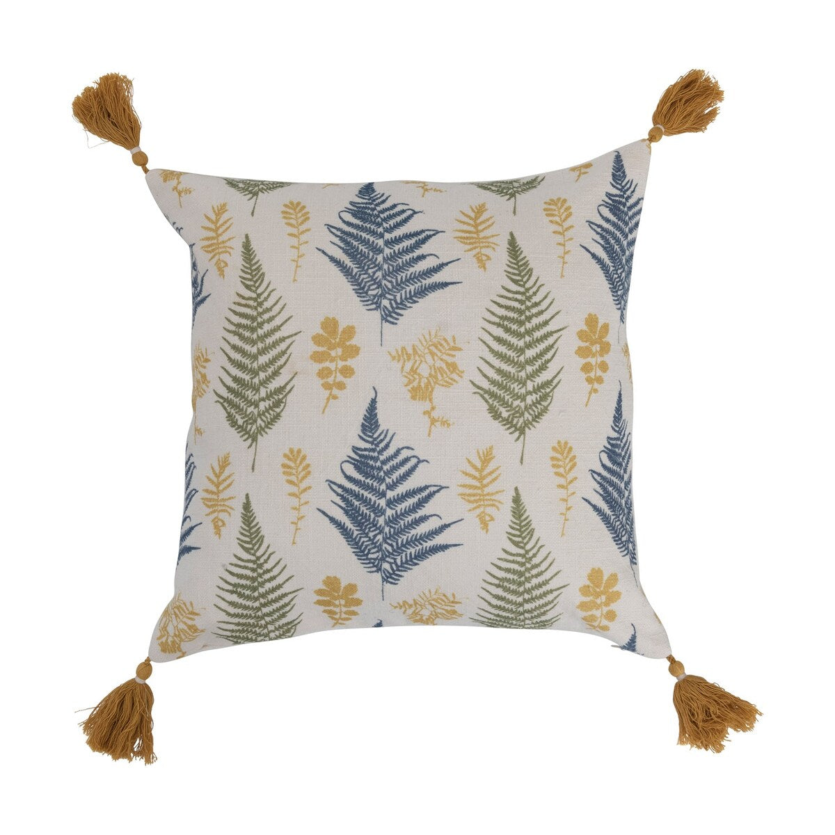 Cotton Pillow with Botanical Print and Tassels