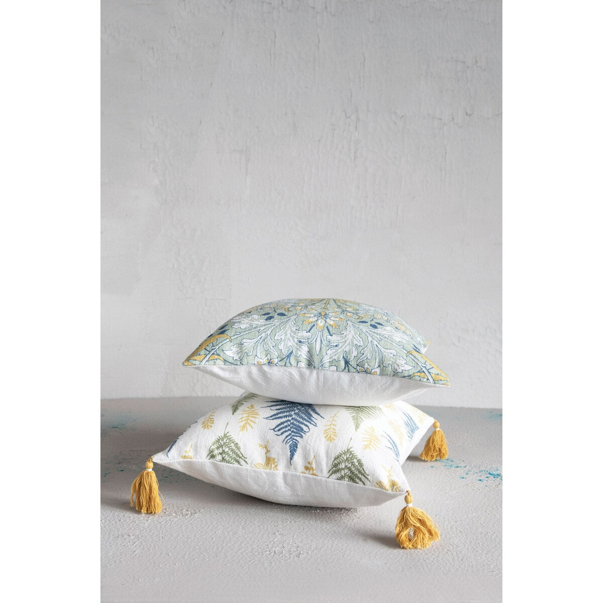 Cotton Pillow with Botanical Print and Tassels