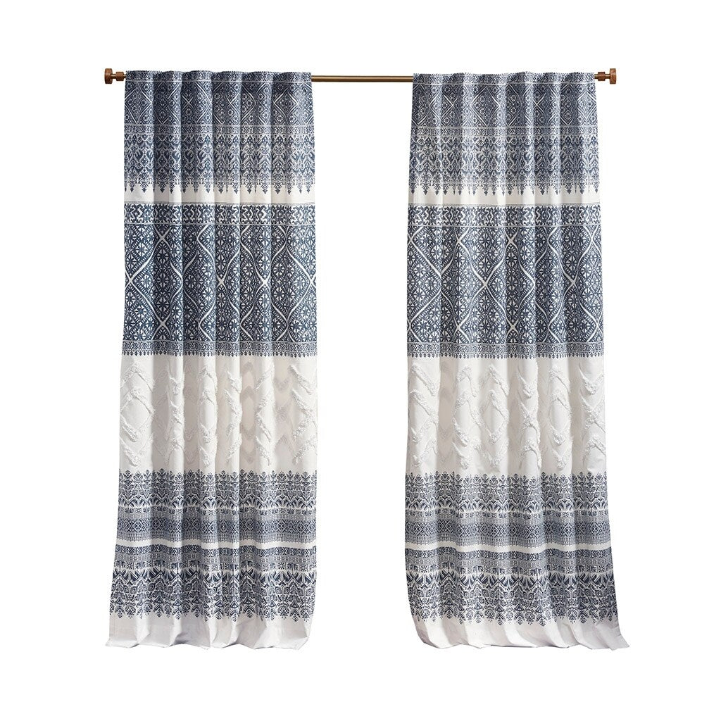 Cotton Printed with Chenille Tufted Curtain, Bohemia Window Curtain Panel Machine Washable - 50"W X 84"L