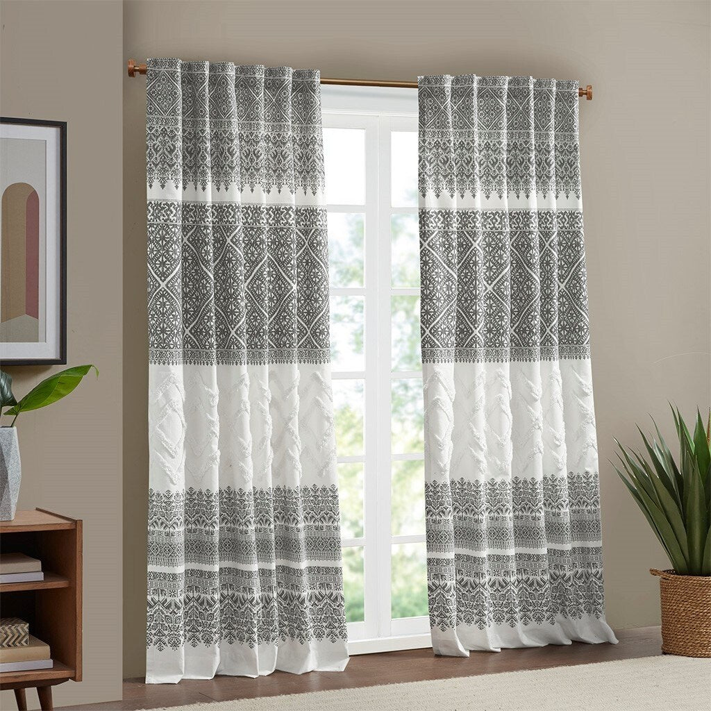 Cotton Printed with Chenille Tufted Curtain, Bohemia Window Curtain Panel Machine Washable - 50"W X 84"L