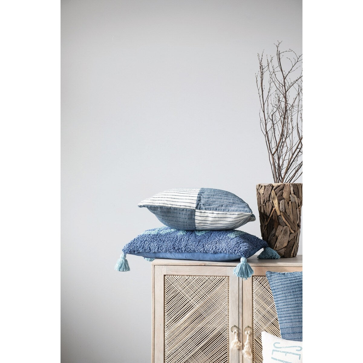 Cotton Punch Hook Lumbar Pillow with "Lake" Design and Tassels