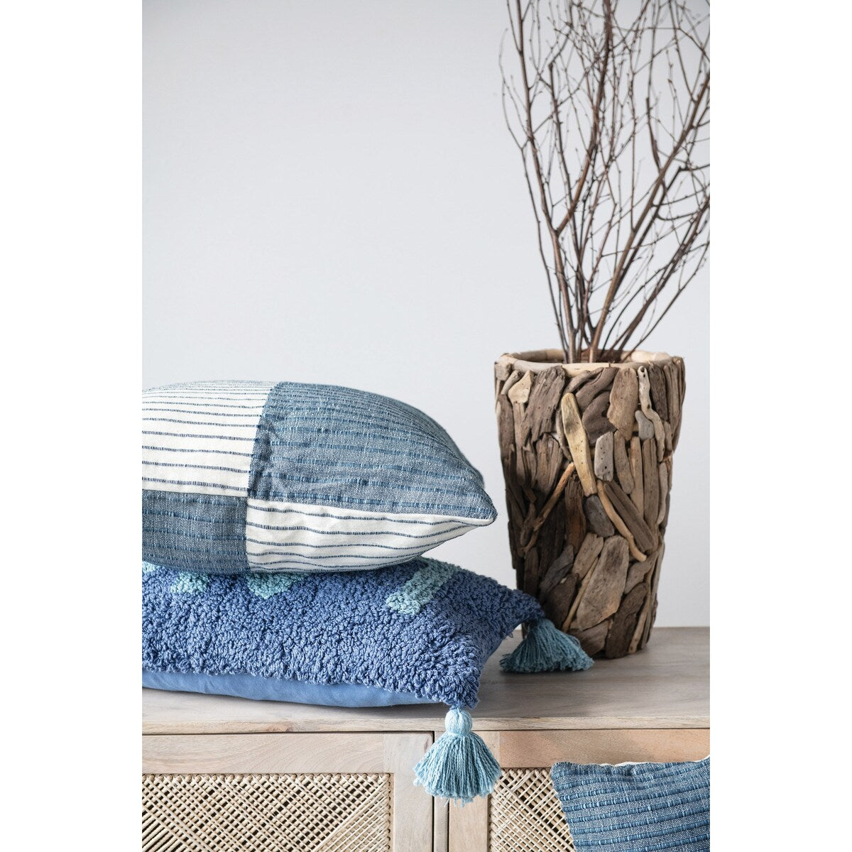 Cotton Punch Hook Lumbar Pillow with "Lake" Design and Tassels