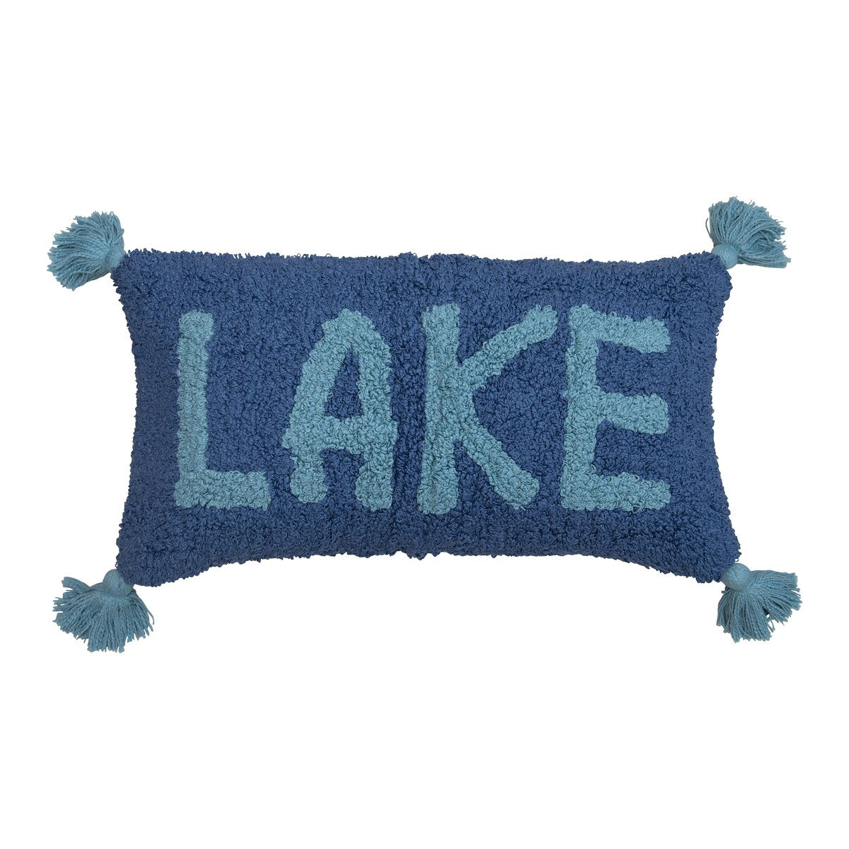 Cotton Punch Hook Lumbar Pillow with "Lake" Design and Tassels