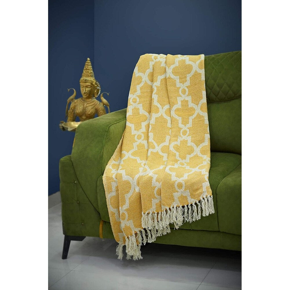 Cotton Throw Blanket - Beautifully Knitted Decorative with Fringe