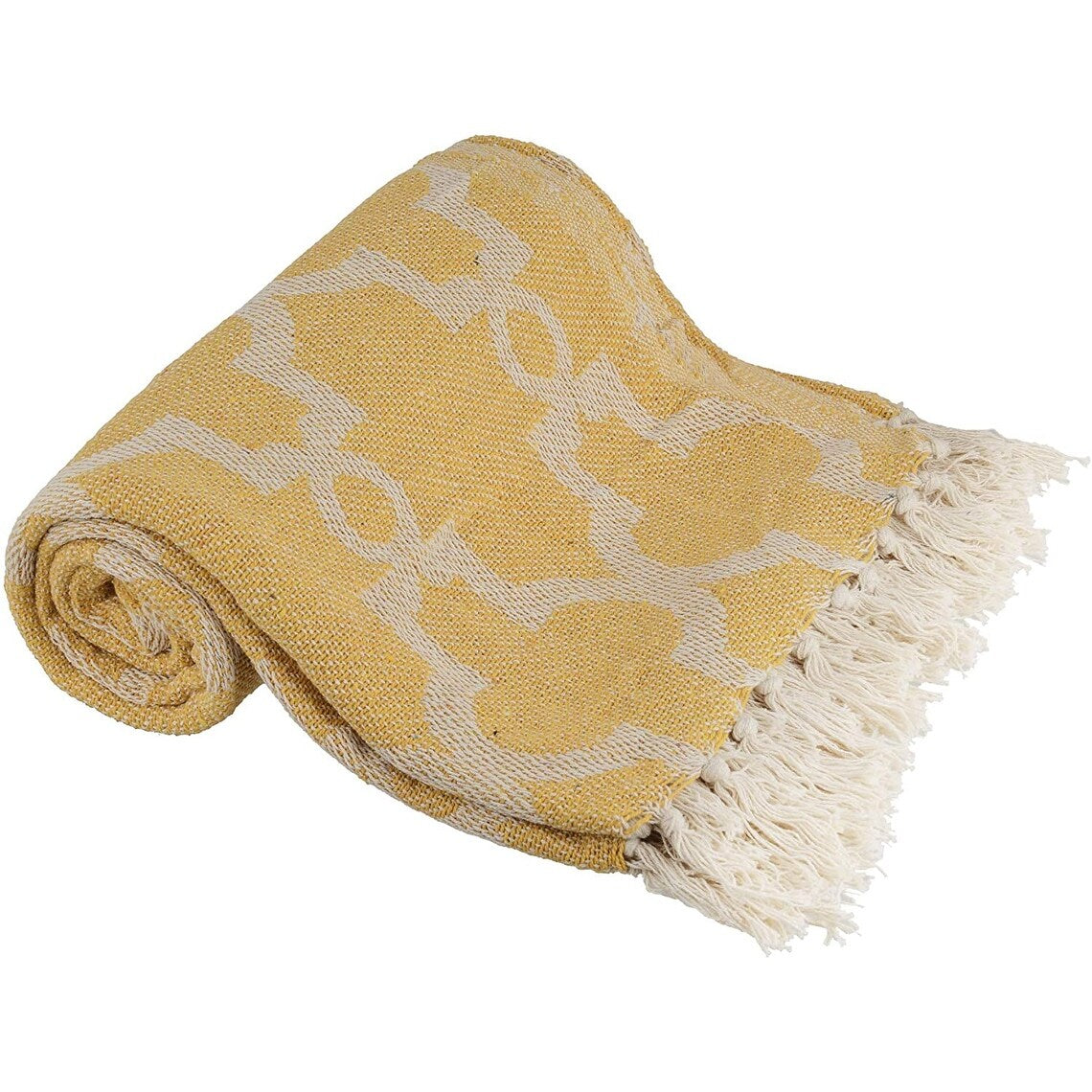 Cotton Throw Blanket - Beautifully Knitted Decorative with Fringe