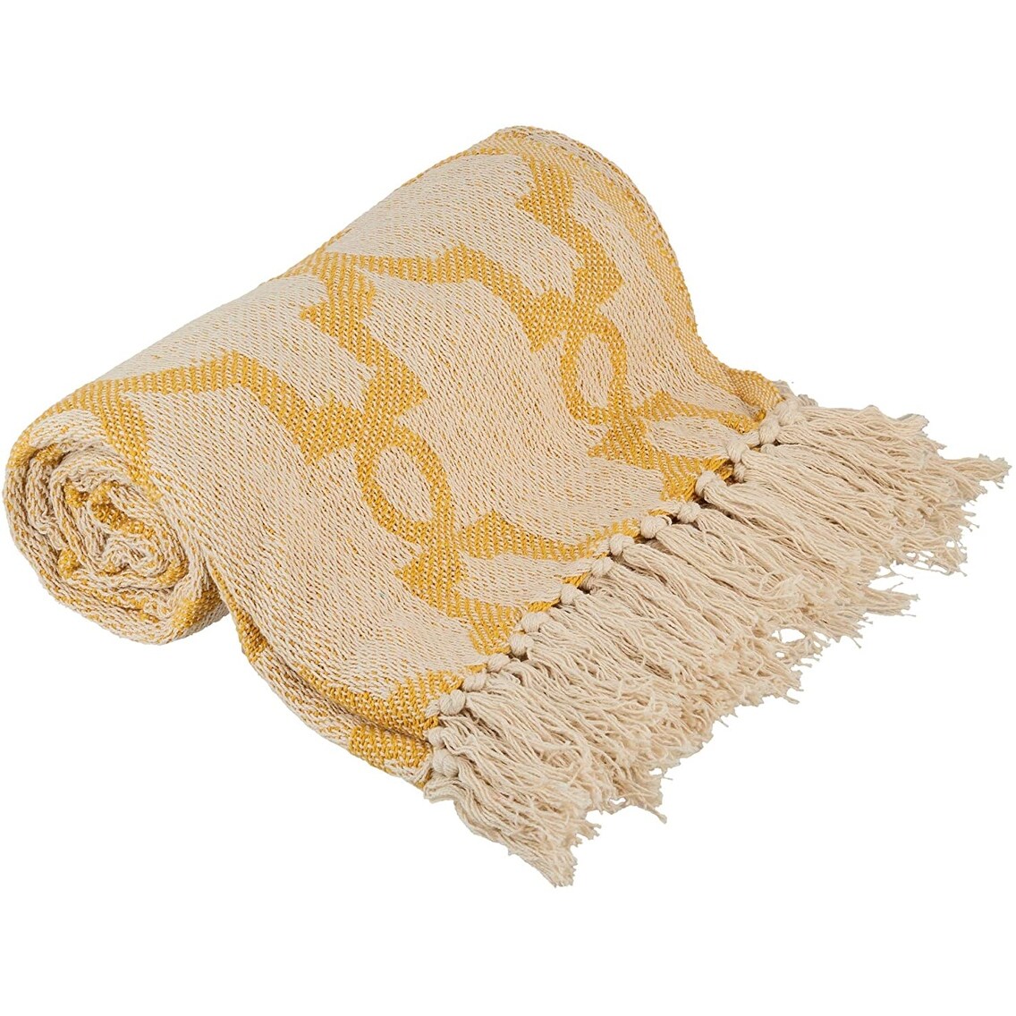 Cotton Throw Blanket - Beautifully Knitted Decorative with Fringe