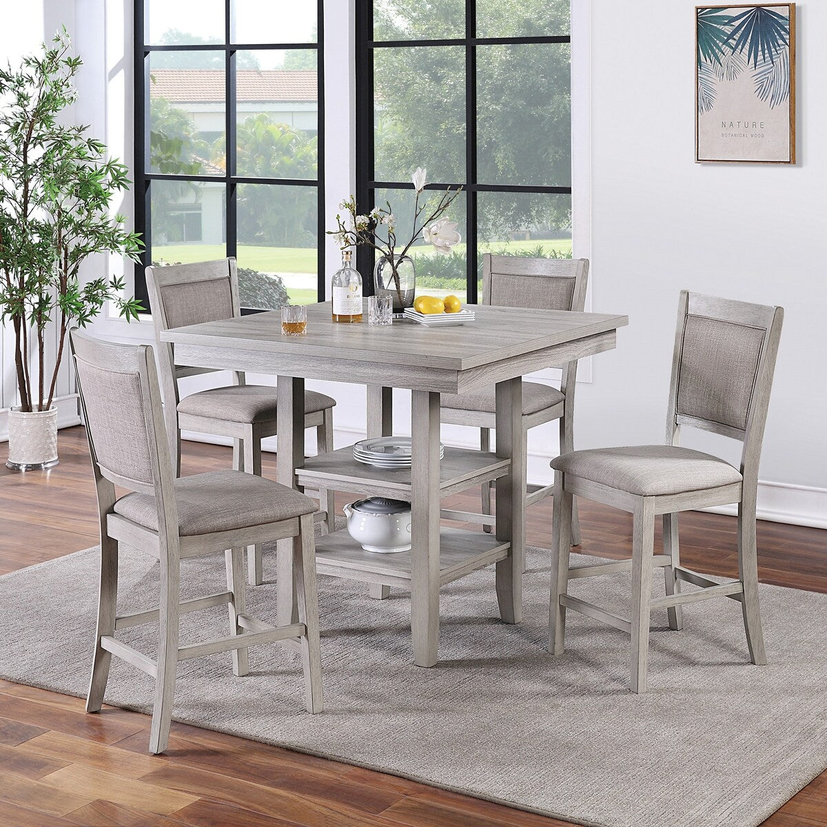 Counter Height 5-Pieces Dining Table Set with Shelves
