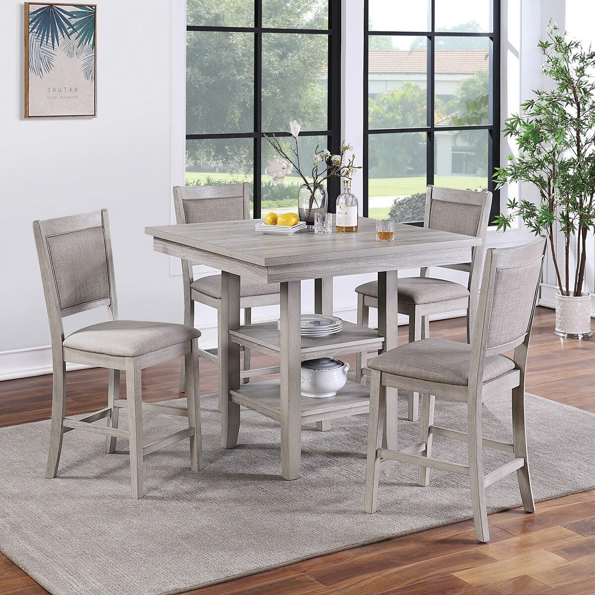 Counter Height 5-Pieces Dining Table Set with Shelves