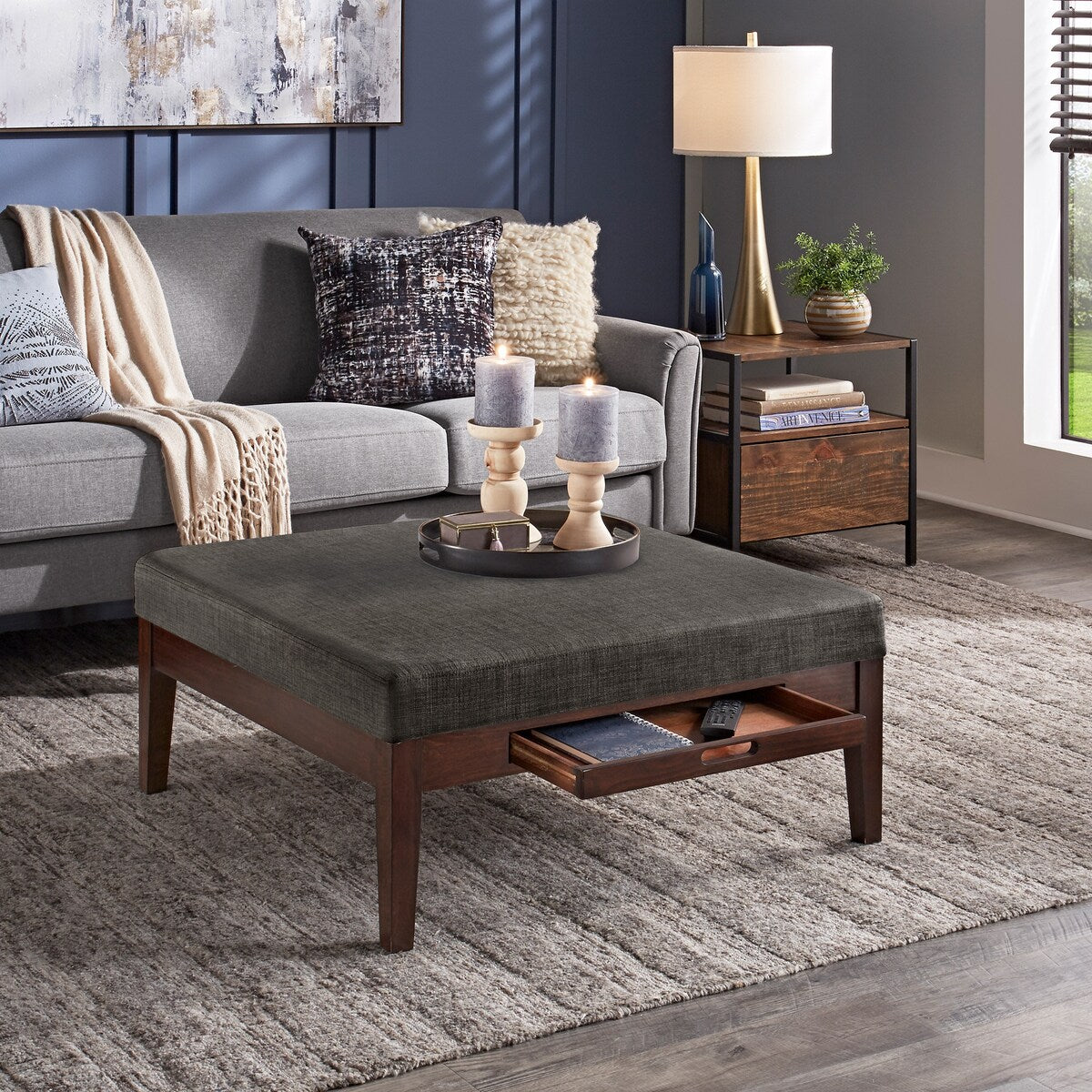 Covey Espresso Finish Linen Square Storage Ottoman by iNSPIRE Q Modern
