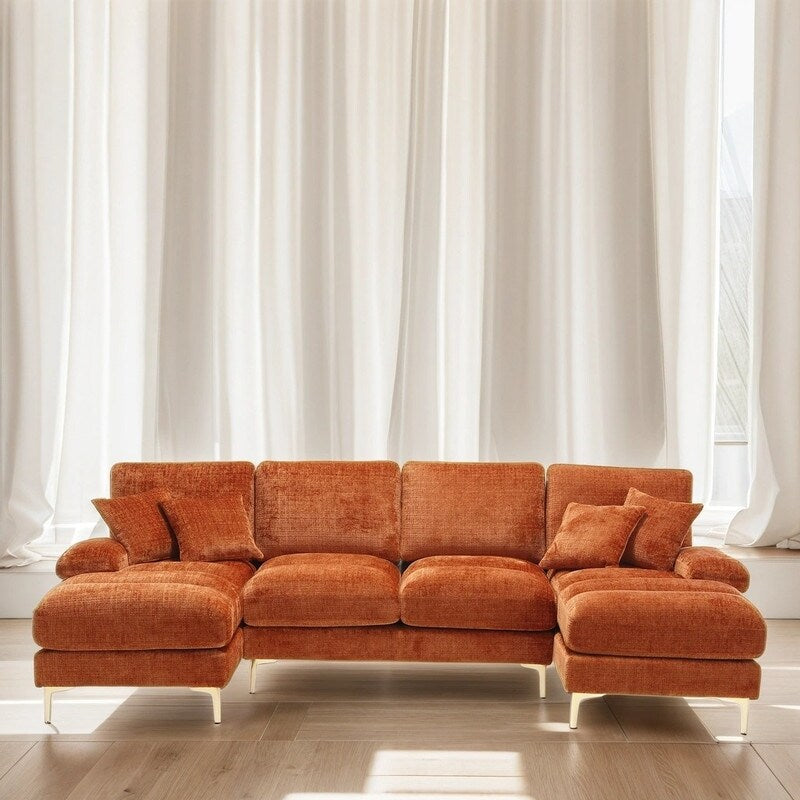 Cozy Chenille Fabric U-Shape Living Room Sectional Sofa, Orange