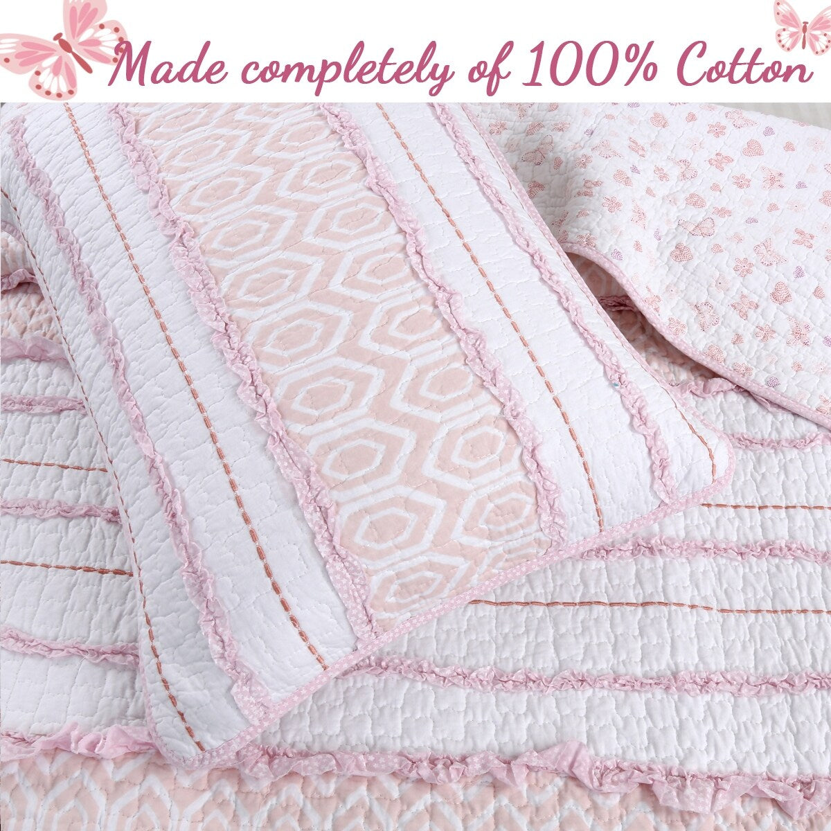 Cozy Line Pretty in Pink Girly Ruffle Pink Cotton Quilt Bedding Set with 2 Throw Pillows