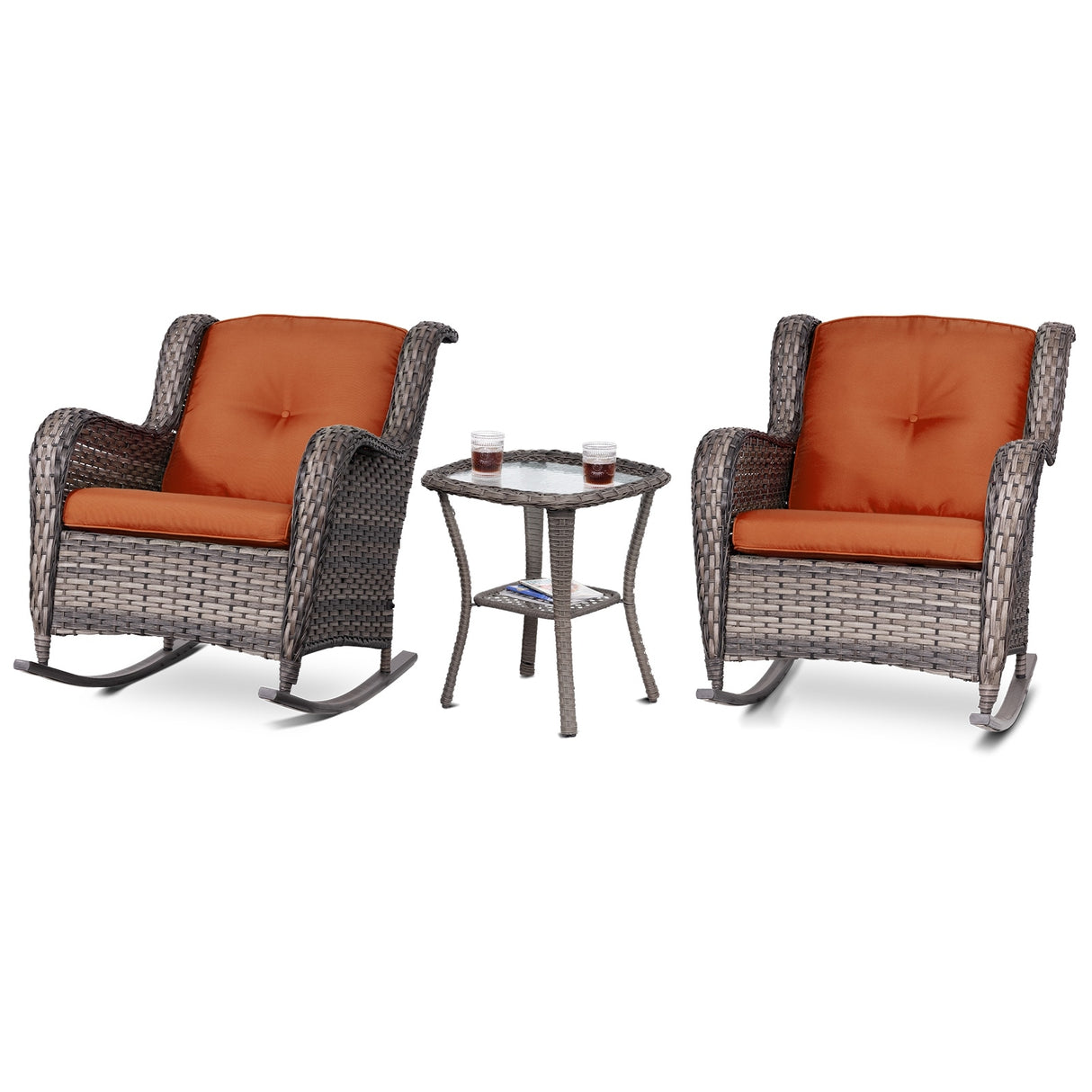 Cozywor 3-Piece Patio Wicker Outdoor Rocking Chair Set