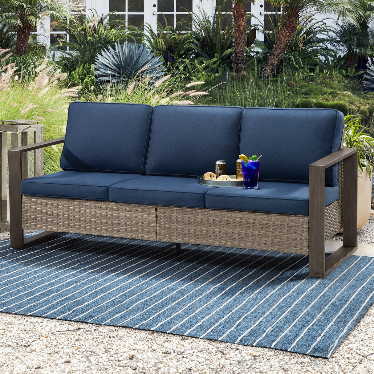 Cozywor Wicker Outdoor Patio Sofa Steel Frame with Beige Cushions