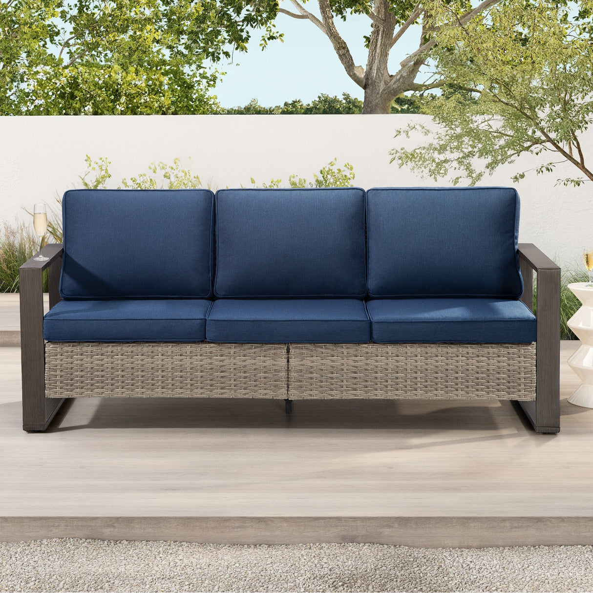 Cozywor Wicker Outdoor Patio Sofa Steel Frame with Beige Cushions