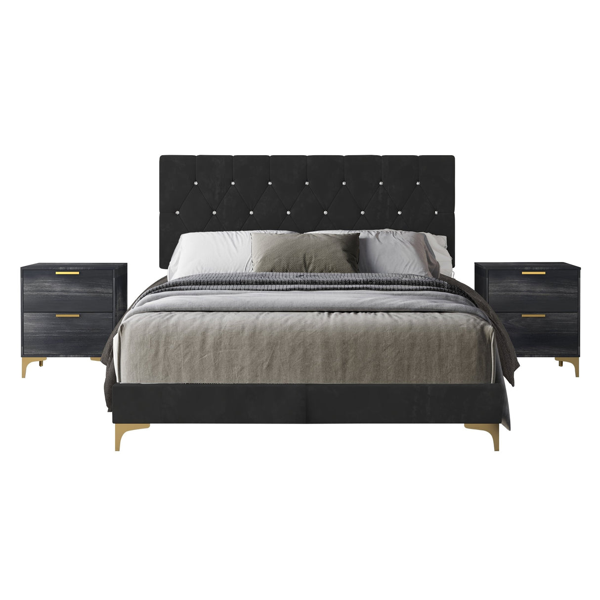 CraftPorch 3 Piece Bedroom Nightstands Set Diamond Button Tufted Bed
