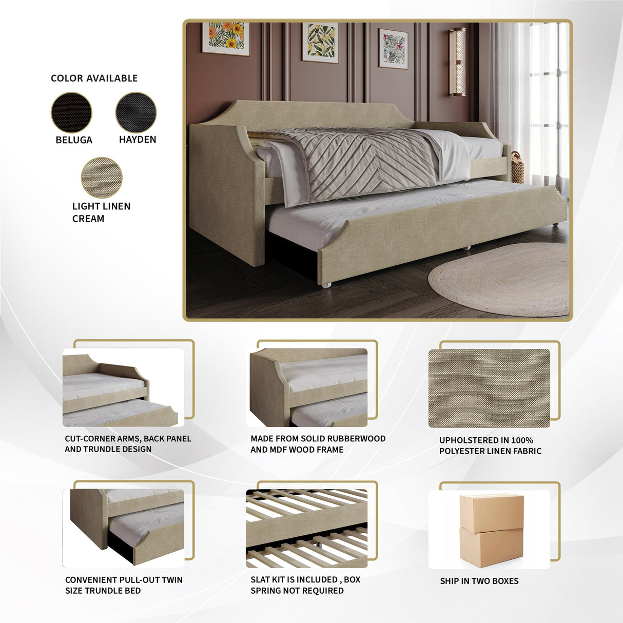 CraftPorch Elegance Linen Upholstered Twin Size Daybed with Trundle