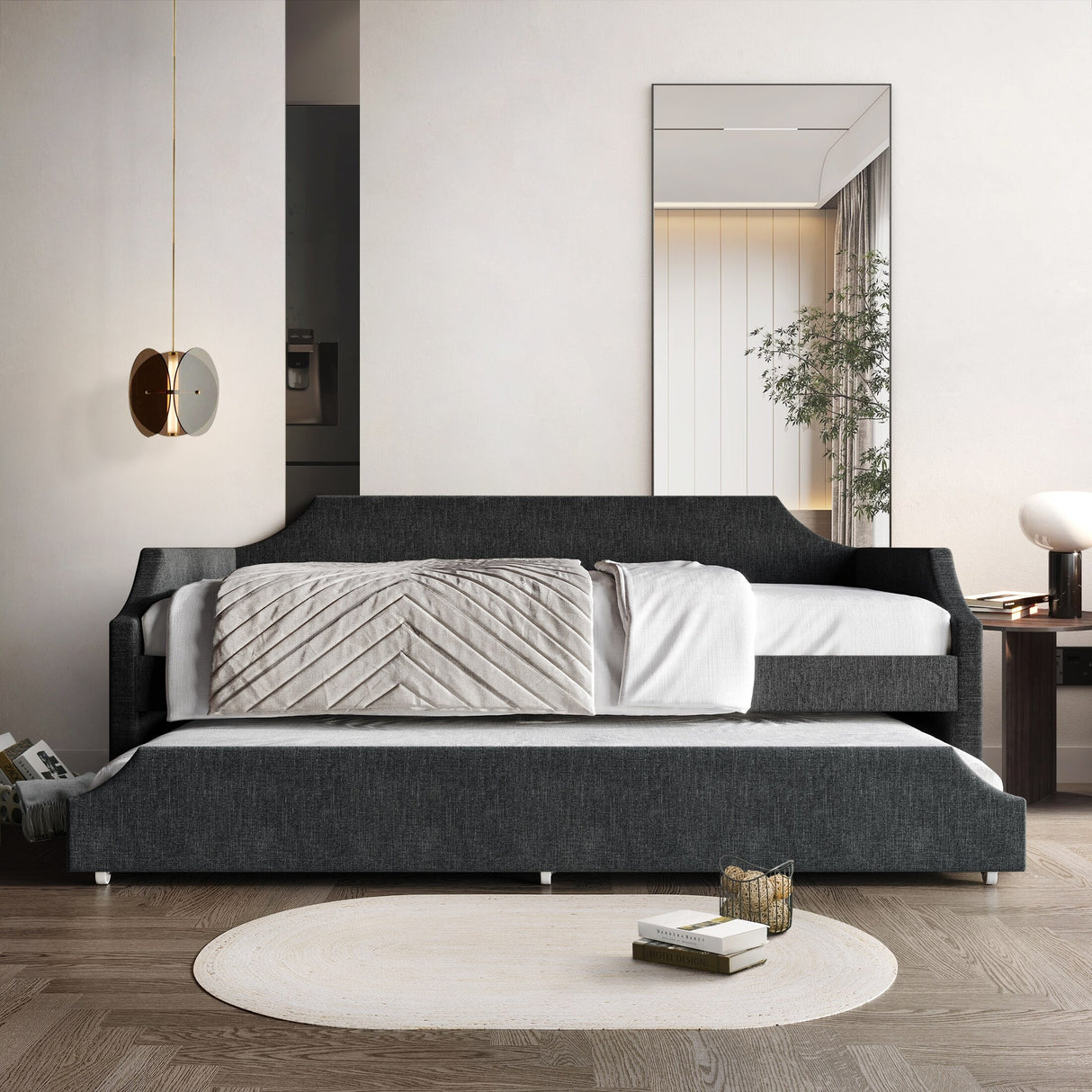 CraftPorch Elegance Linen Upholstered Twin Size Daybed with Trundle