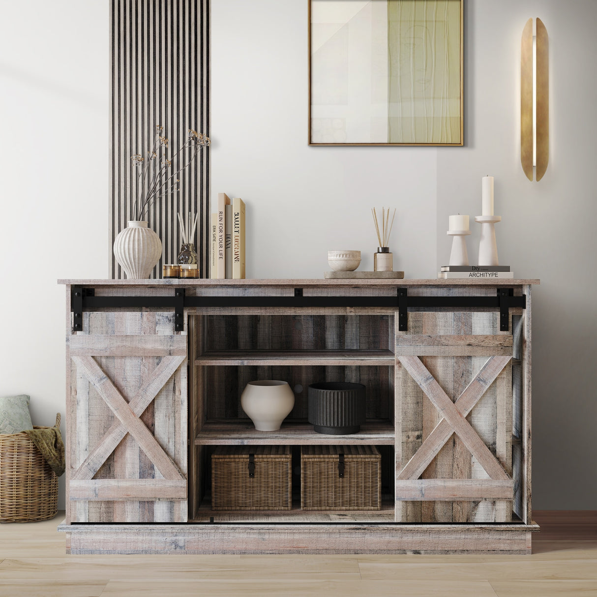 CraftPorch Vintage Style with X-shaped Metal Glides Doors Sideboard
