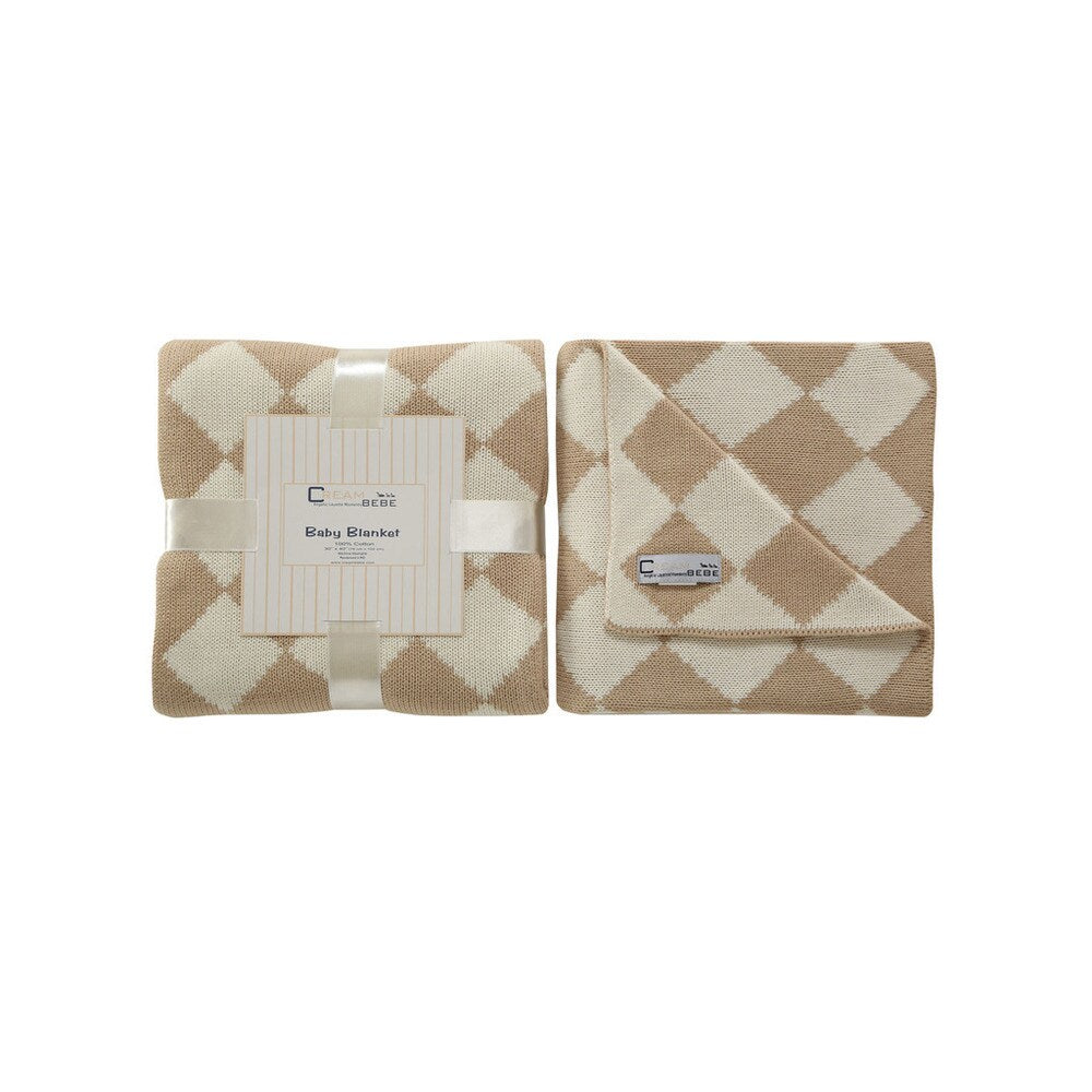 Cream Bebe Argyle 100-percent Cotton Knit Blanket Camel/Ivory