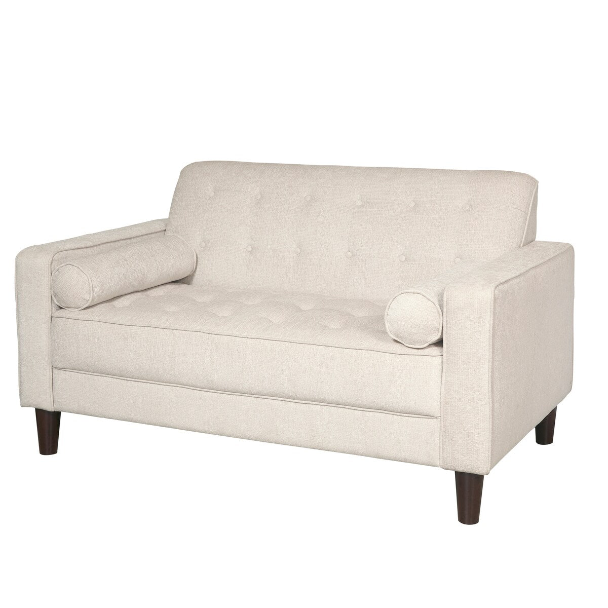 Cream Upholstered Button-tufted Loveseat with Brown Cylindrical Wood Legs