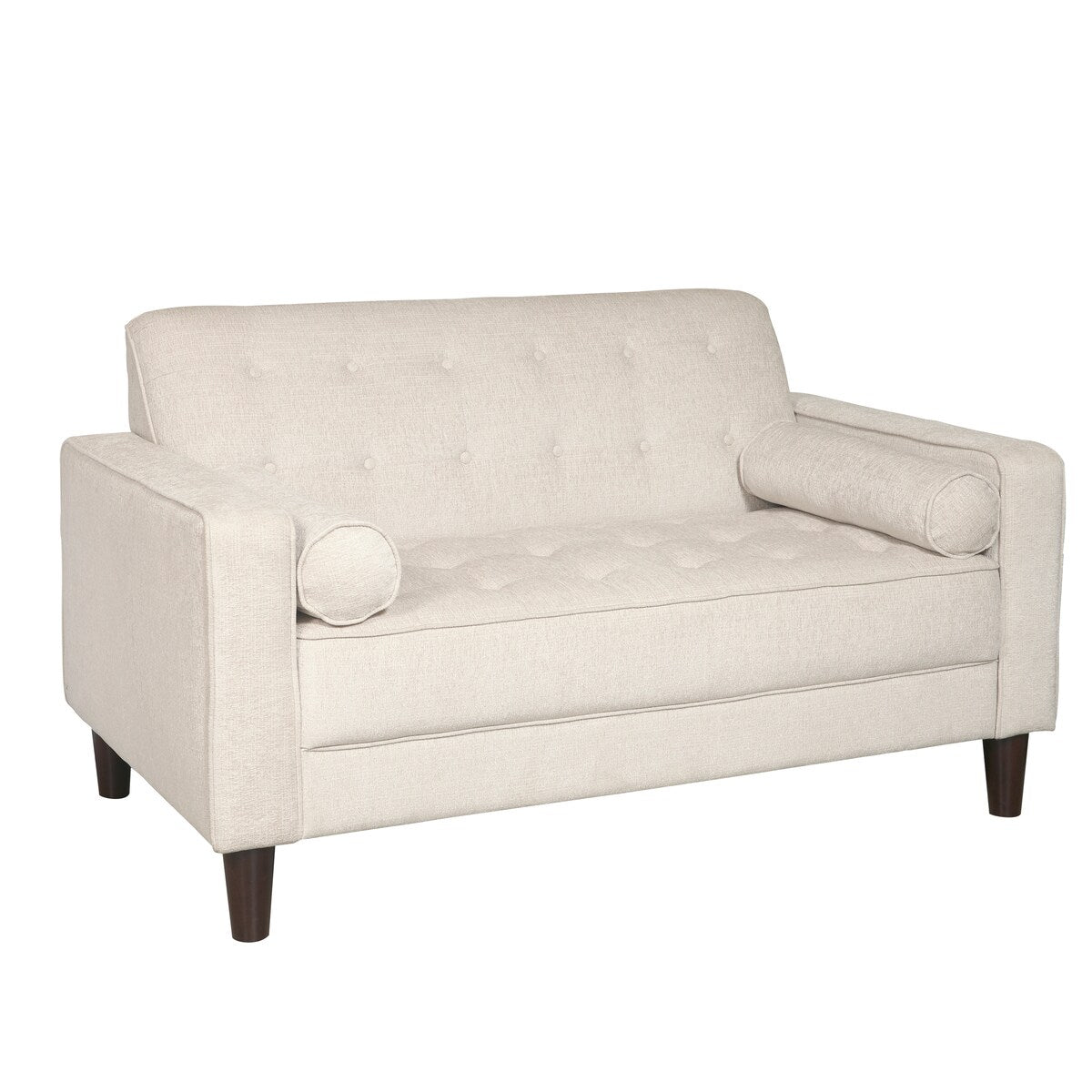 Cream Upholstered Button-tufted Loveseat with Brown Cylindrical Wood Legs