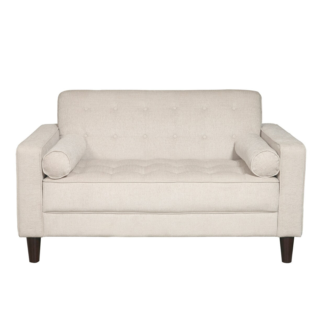 Cream Upholstered Button-tufted Loveseat with Brown Cylindrical Wood Legs
