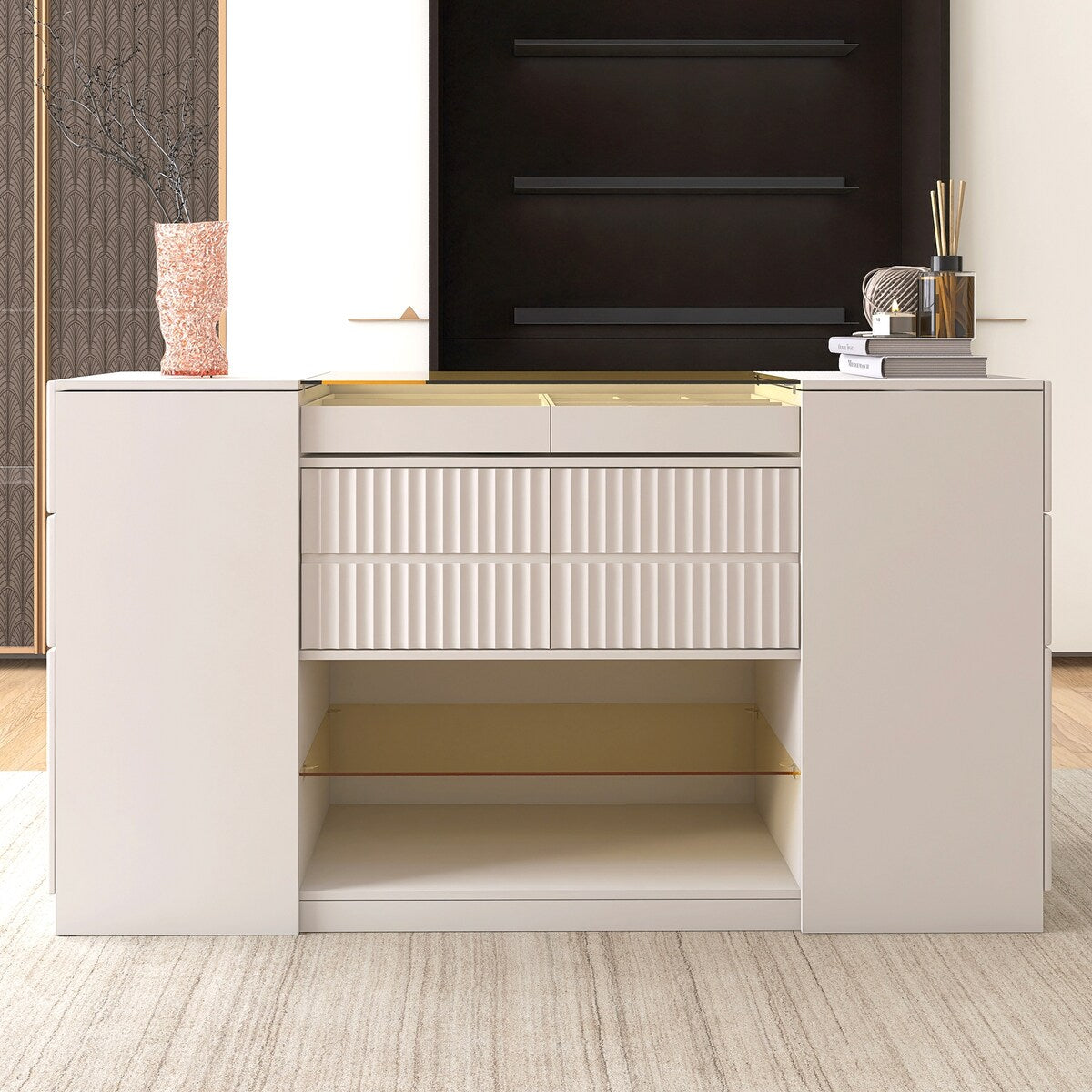 Cream White 6 drawer 60.40 in. Wide Dresser with Glass Tabletop