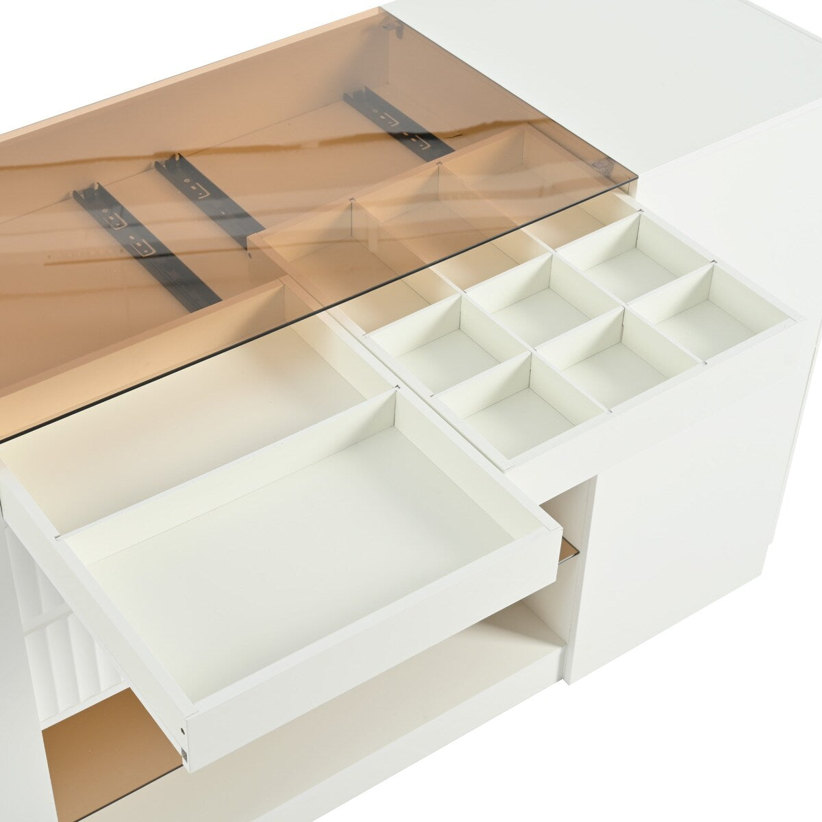 Cream White 6 drawer 60.40 in. Wide Dresser with Glass Tabletop