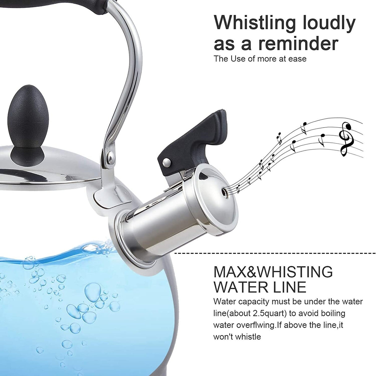 Creative Home 2.6 Qt. Stainless Steel Whistling Tea Kettle Teapot with Folding Handle, Aluminum Capsulated Bottom, Satin Finish