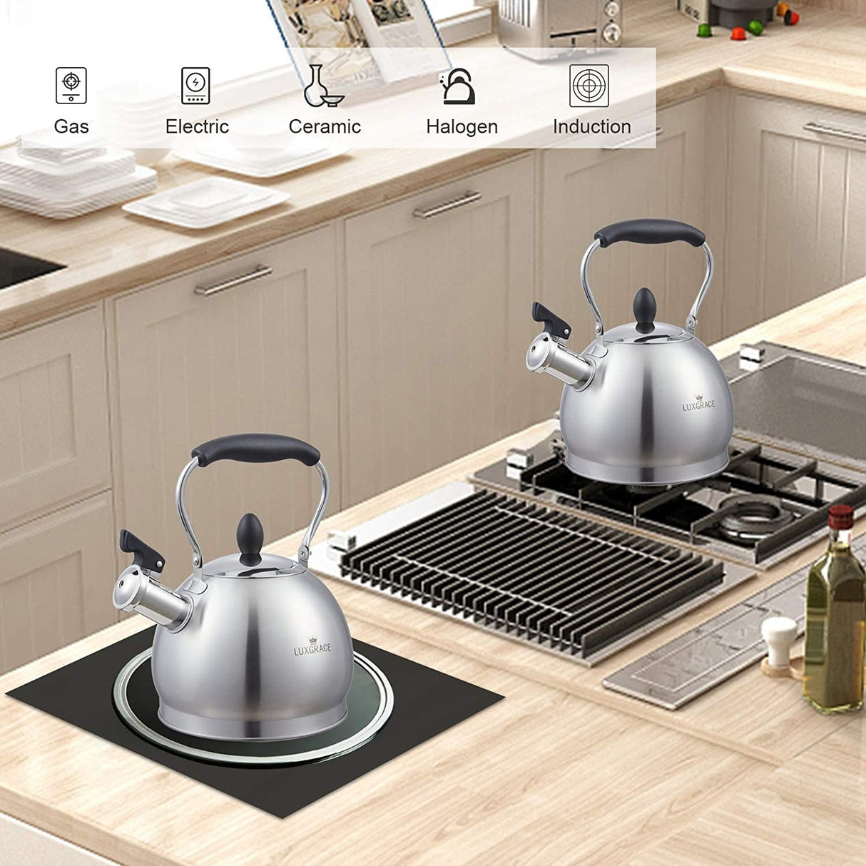 Creative Home 2.6 Qt. Stainless Steel Whistling Tea Kettle Teapot with Folding Handle, Aluminum Capsulated Bottom, Satin Finish