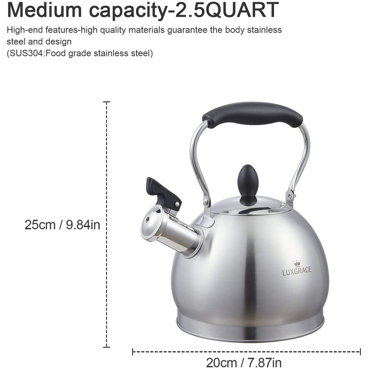 Creative Home 2.6 Qt. Stainless Steel Whistling Tea Kettle Teapot with Folding Handle, Aluminum Capsulated Bottom, Satin Finish